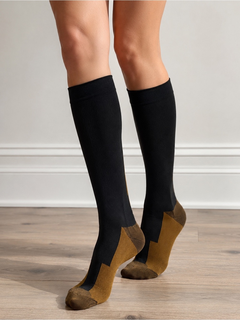 Knee‎ High Compression Socks Black Camel Colorblock Graduated Support Unisex